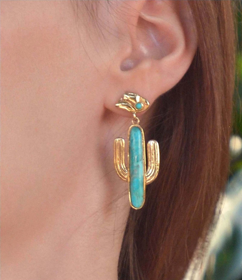 Barse Golden and Turquoise Cowboy Cactus Statement Drop Earrings