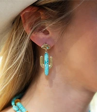 Barse Golden and Turquoise Cowboy Cactus Statement Drop Earrings