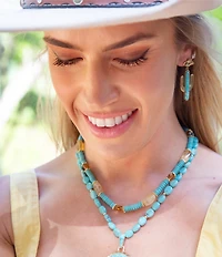 Barse Cowboy Cactus Golden And Turquoise Statement Drop Earrings