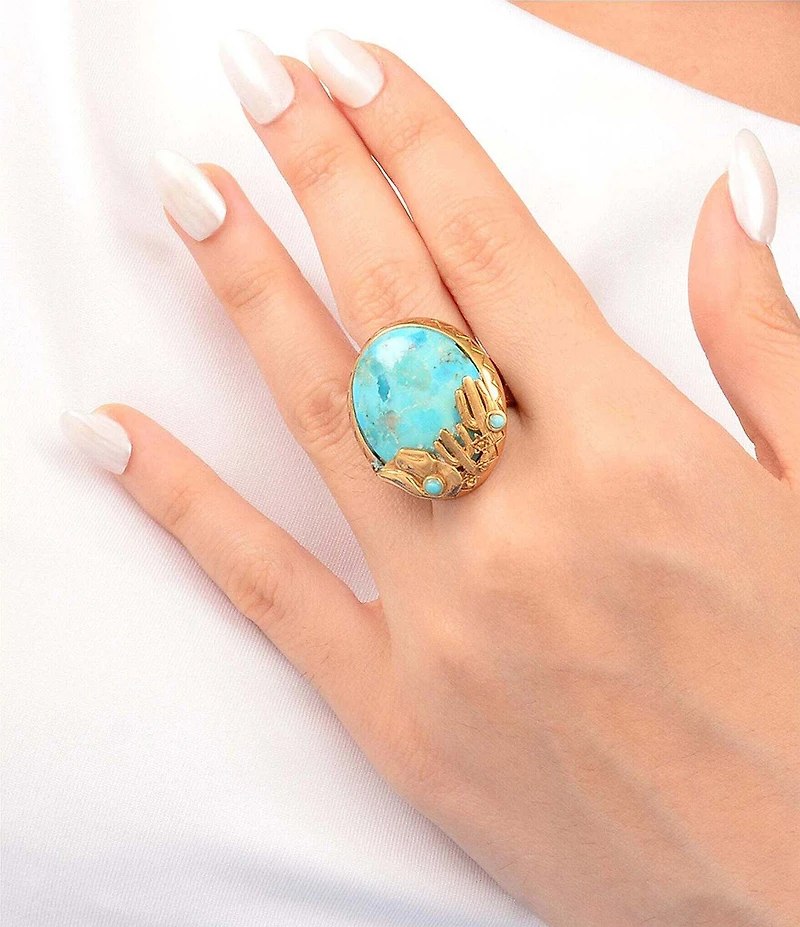 Barse Golden and Turquoise Cowboy Cactus Statement Ring