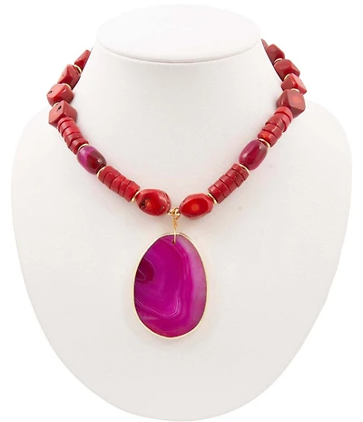 Barse Berry Glow Coral and Agate Short Beaded Pendant Necklace