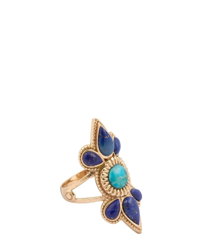 Barse Sunburst Golden Genuine Turquoise And Lapis Statement Ring
