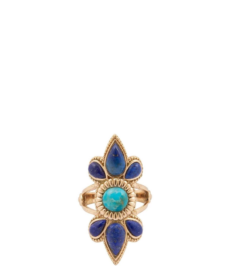 Barse Sunburst Golden Genuine Turquoise And Lapis Statement Ring