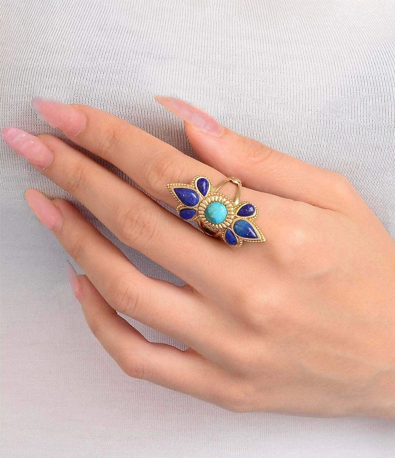 Barse Sunburst Golden Genuine Turquoise And Lapis Statement Ring