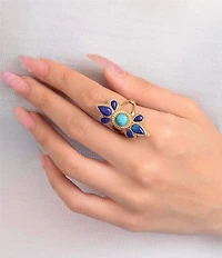 Barse Sunburst Golden Genuine Turquoise And Lapis Statement Ring
