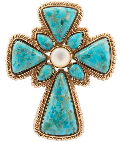 Barse Golden Genuine Turquoise And Mother-Of-Pearl Cross Brooch