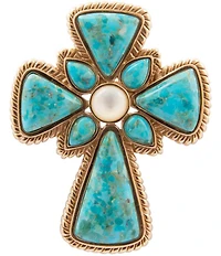 Barse Golden Genuine Turquoise And Mother-Of-Pearl Cross Brooch