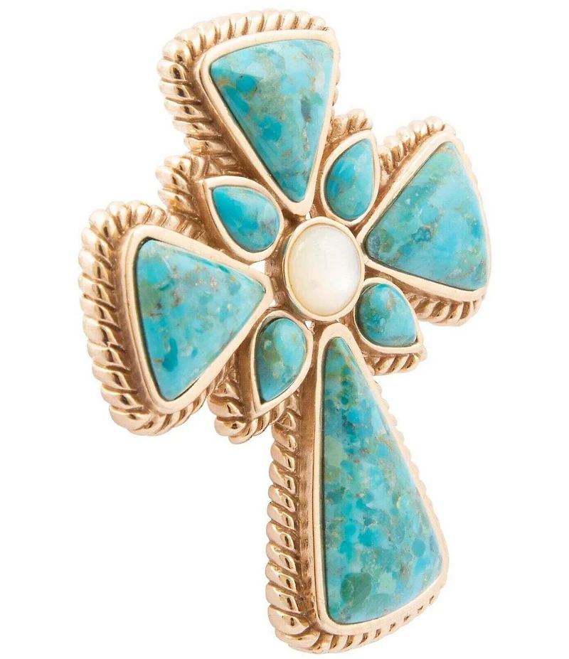 Barse Golden Genuine Turquoise And Mother-Of-Pearl Cross Brooch