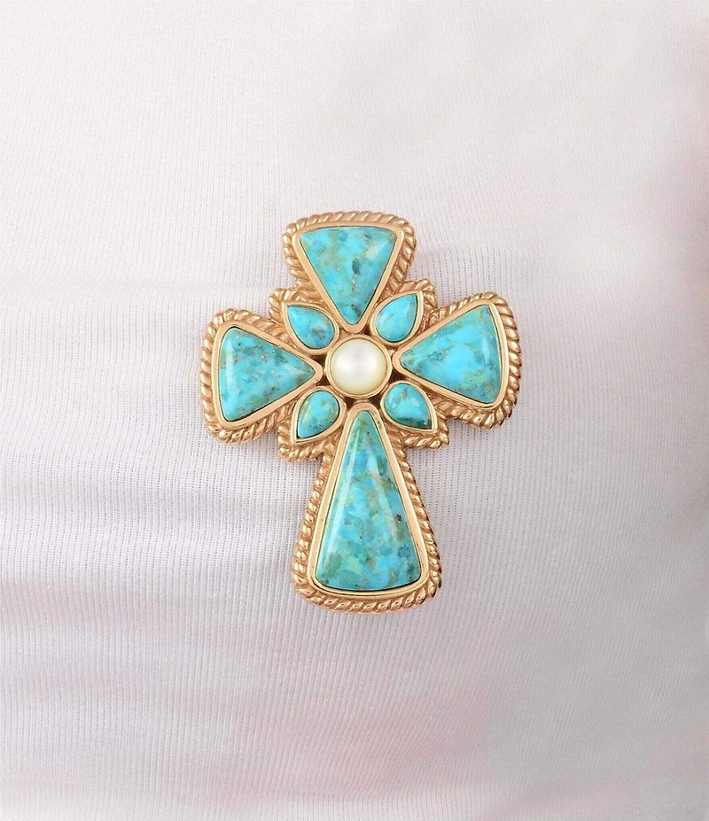 Barse Golden Genuine Turquoise And Mother-Of-Pearl Cross Brooch