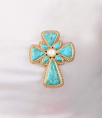Barse Golden Genuine Turquoise And Mother-Of-Pearl Cross Brooch
