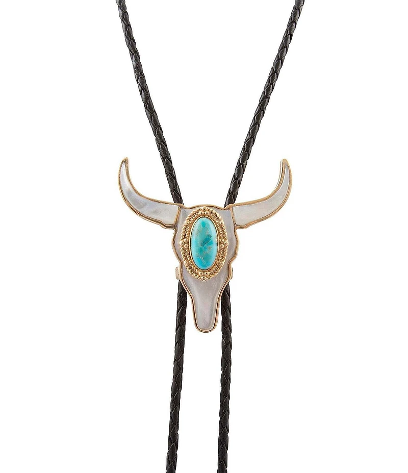 Barse Golden Genuine Turquoise And Mother Of Pearl Longhorn Bolo Long Pendant Necklace