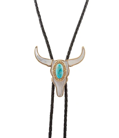Barse Longhorn Bolo Golden Genuine Turquoise And Mother Of Pearl Long Pendant Necklace