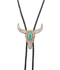 Barse Golden Genuine Turquoise And Mother Of Pearl Longhorn Bolo Long Pendant Necklace