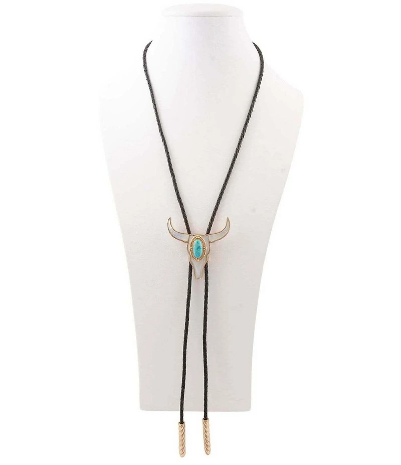 Barse Golden Genuine Turquoise And Mother Of Pearl Longhorn Bolo Long Pendant Necklace