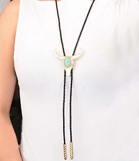 Barse Golden Genuine Turquoise And Mother Of Pearl Longhorn Bolo Long Pendant Necklace