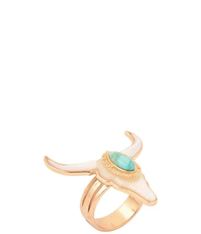 Barse Golden, Genuine Turquoise and Mother Of Pearl Longhorn Statement Ring