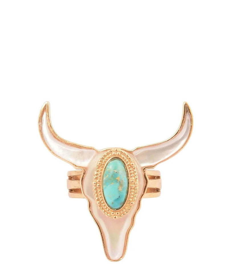 Barse Golden, Genuine Turquoise and Mother Of Pearl Longhorn Statement Ring