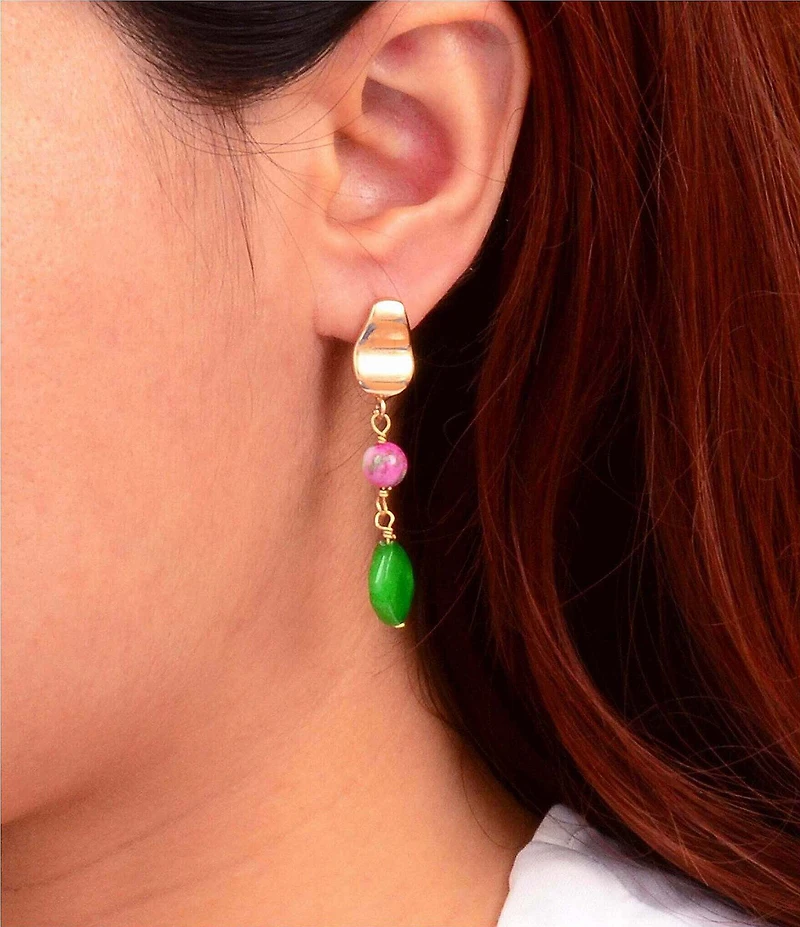 Barse Golden, Green Jade and Watermelon Jade Fresh Cut Drop Earrings