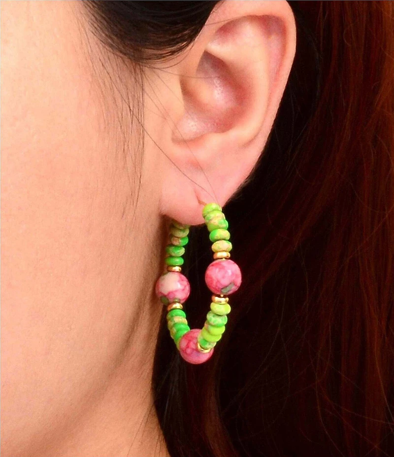Barse Golden, Green Jasper and Watermelon Jade Fresh Cut Hoop Earrings