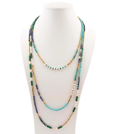 Barse Golden, Lapis and Magnesite Caspian Layered Long Multi Strand Necklace