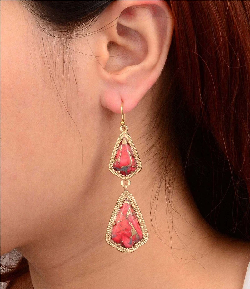 Barse Golden Metal Infused Red Magnesite Arrow Statement Drop Earrings