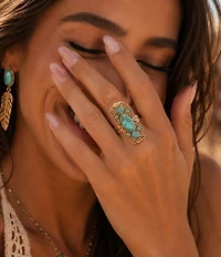 Barse Coastal Grove Totem Golden Genuine Turquoise Statement Ring