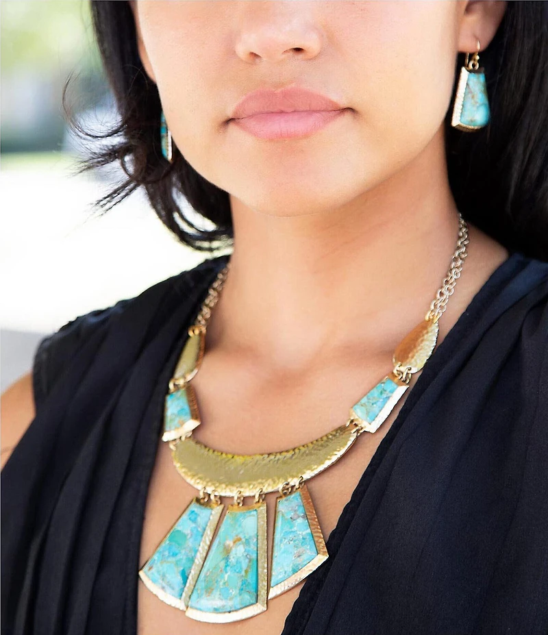 Barse Blue Turquoise Jeweled Statement Golden Necklace