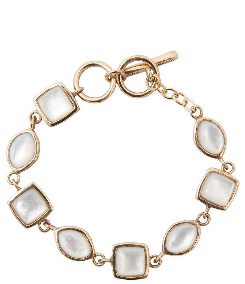 Barse Hammered Link Golden Mother Of Pearl Line Bracelet