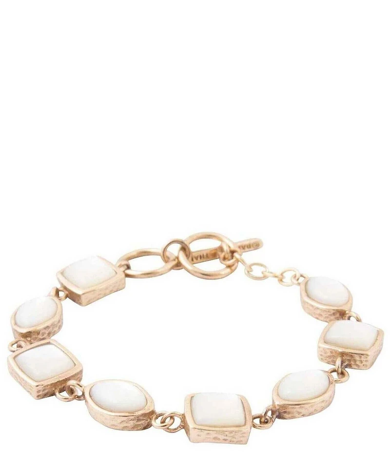 Barse Hammered Link Golden Mother Of Pearl Line Bracelet