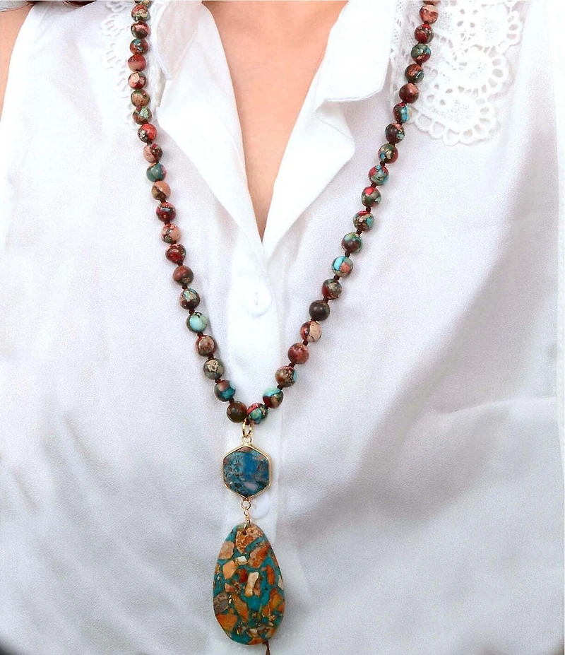 Barse Jasper Desert Bloom Long Statement Pendant Necklace