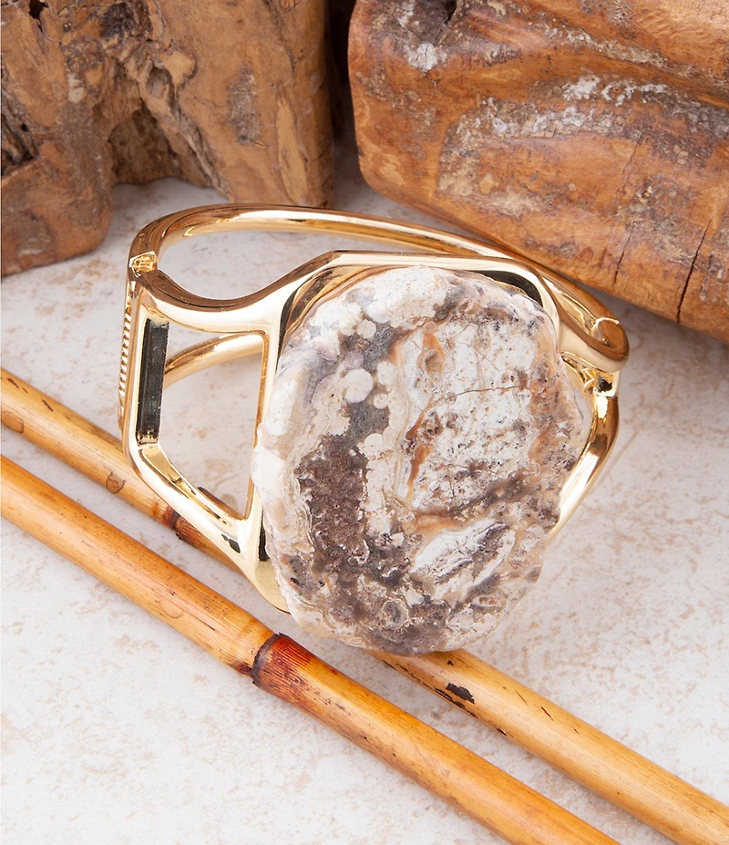 Barse Brown Ocean Jasper Slab Golden Statement Bangle Bracelet