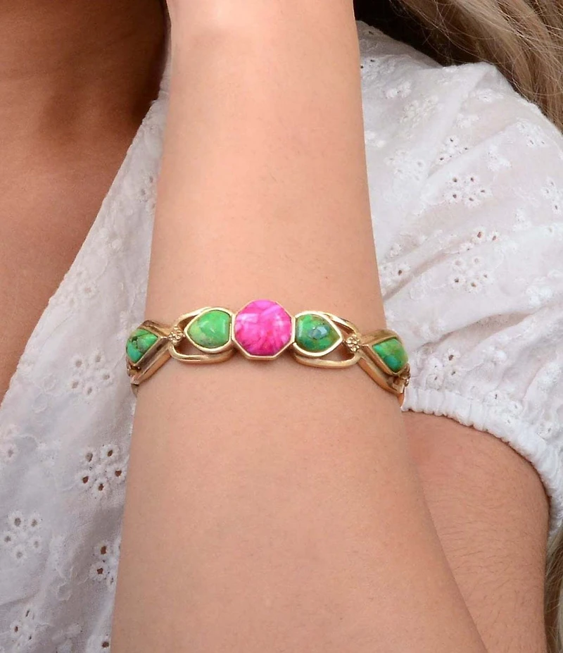 Barse Lime Turquoise and Pink Magnesite Fleur Cuff Bracelet