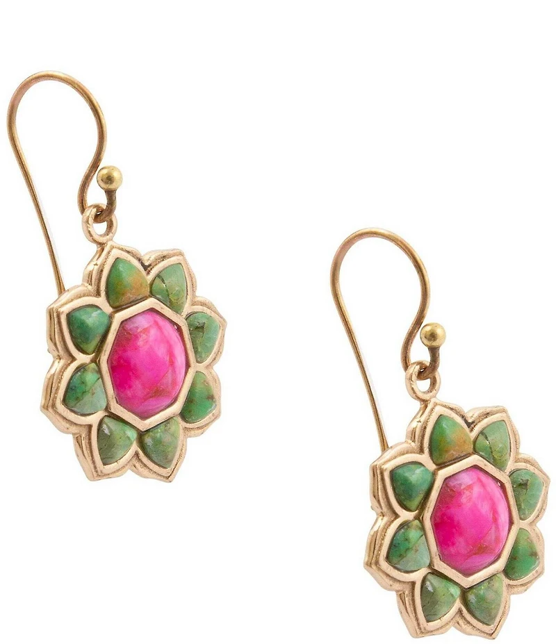 Barse Lime Turquoise and Pink Magnesite Fleur Drop Earrings
