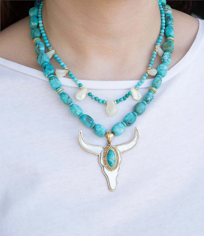 Barse Longhorn Turquoise Beaded Statement Short Multi Strand Pendant Necklace