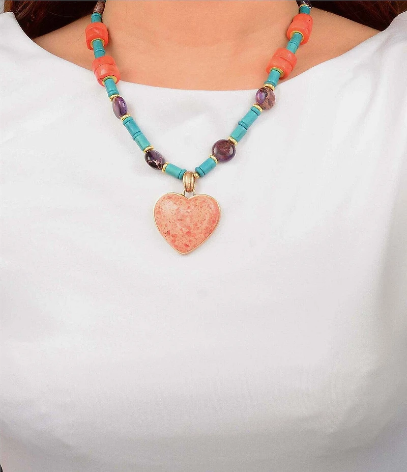 Barse Marrakech Genuine Stone Beaded Short Heart Pendant Necklace