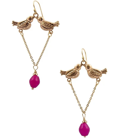 Barse Two Birds Pink Agate Chandelier Earrings