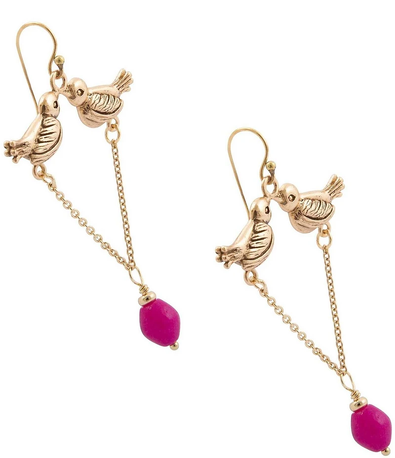 Barse Two Birds Pink Agate Chandelier Earrings