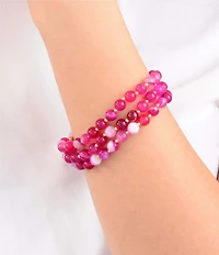 Barse Pink Agate Wild Rose Beaded Resort Stretch Bracelet Set
