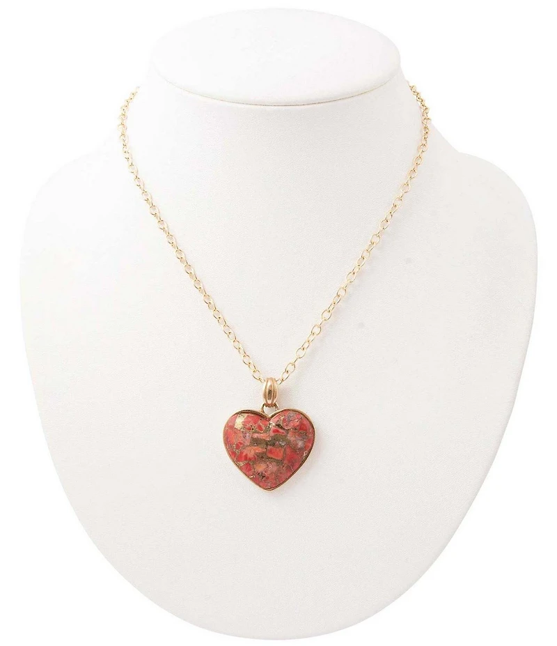 Barse Red Magnesite Heart Golden Metal Infused Long Pendant Necklace
