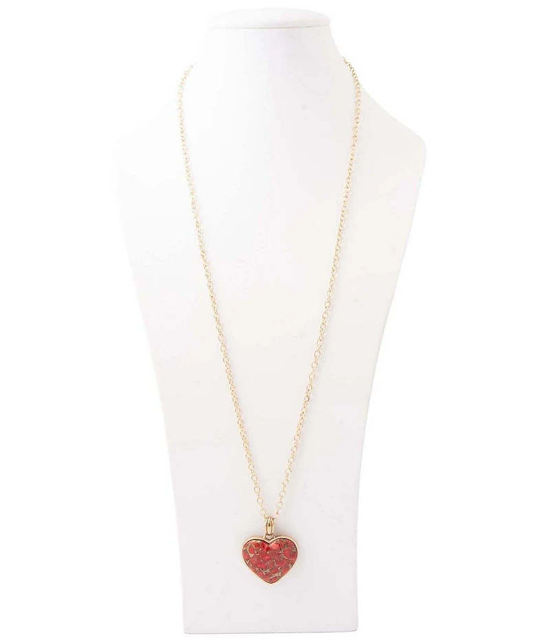 Barse Red Magnesite Heart Golden Metal Infused Long Pendant Necklace