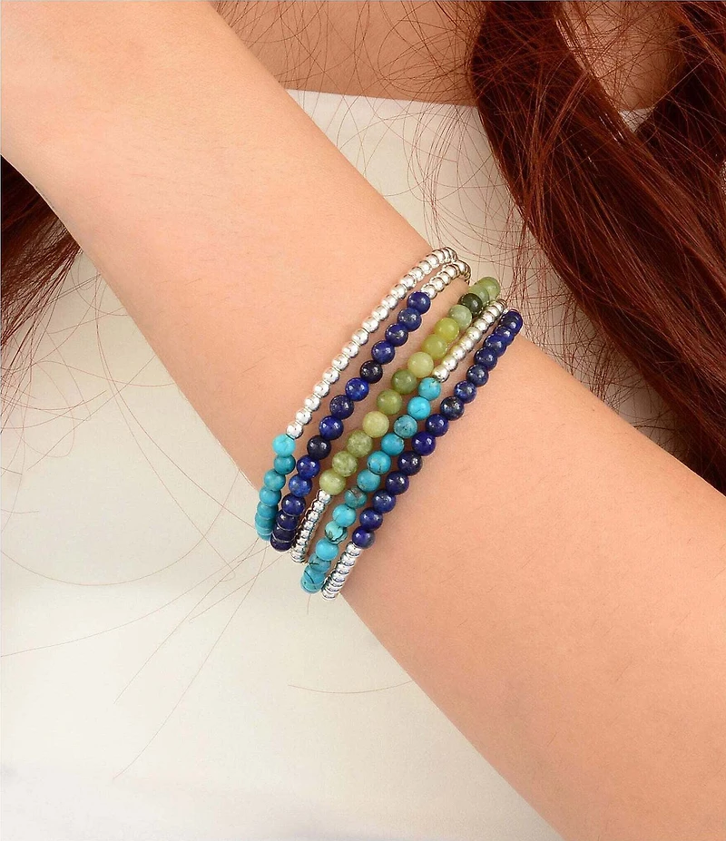 Barse Silver And Genuine Stone Coastal Grove Stretch Bracelet Set