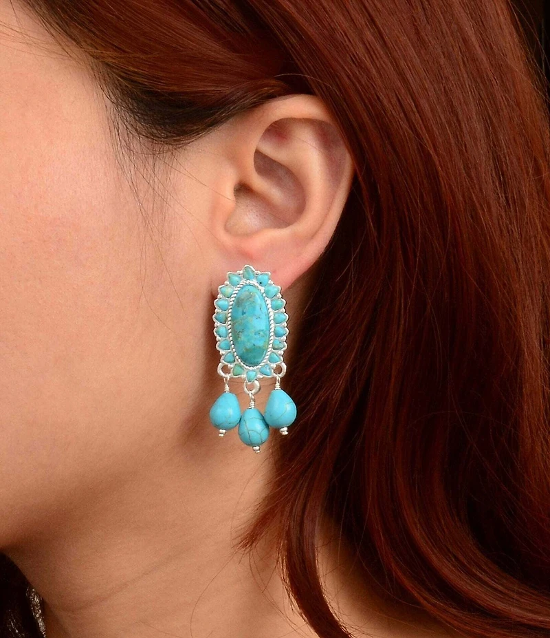 Barse Silver And Genuine Turquoise Oasis Royale Statement Drop Earrings
