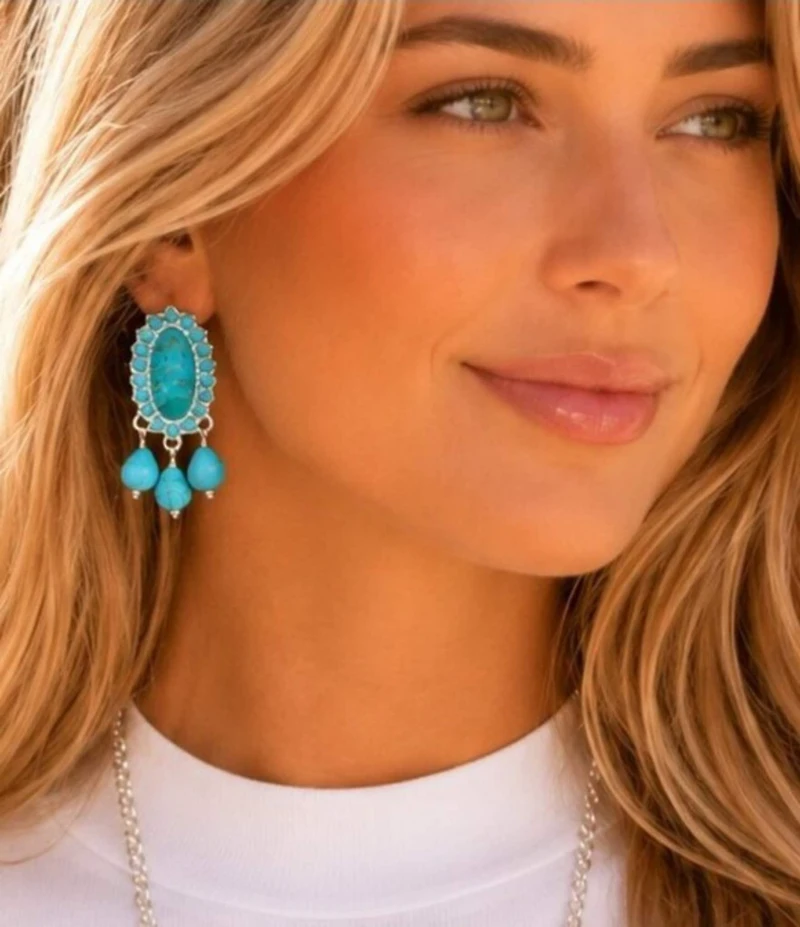Barse Silver And Genuine Turquoise Oasis Royale Statement Drop Earrings