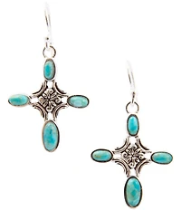 Barse Scroll Silver And Genuine Turquoise Cross Drop Earrings