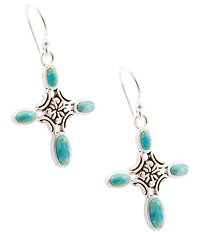 Barse Scroll Silver And Genuine Turquoise Cross Drop Earrings