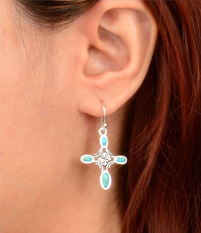 Barse Scroll Silver And Genuine Turquoise Cross Drop Earrings