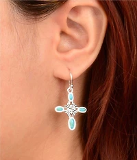 Barse Scroll Silver And Genuine Turquoise Cross Drop Earrings