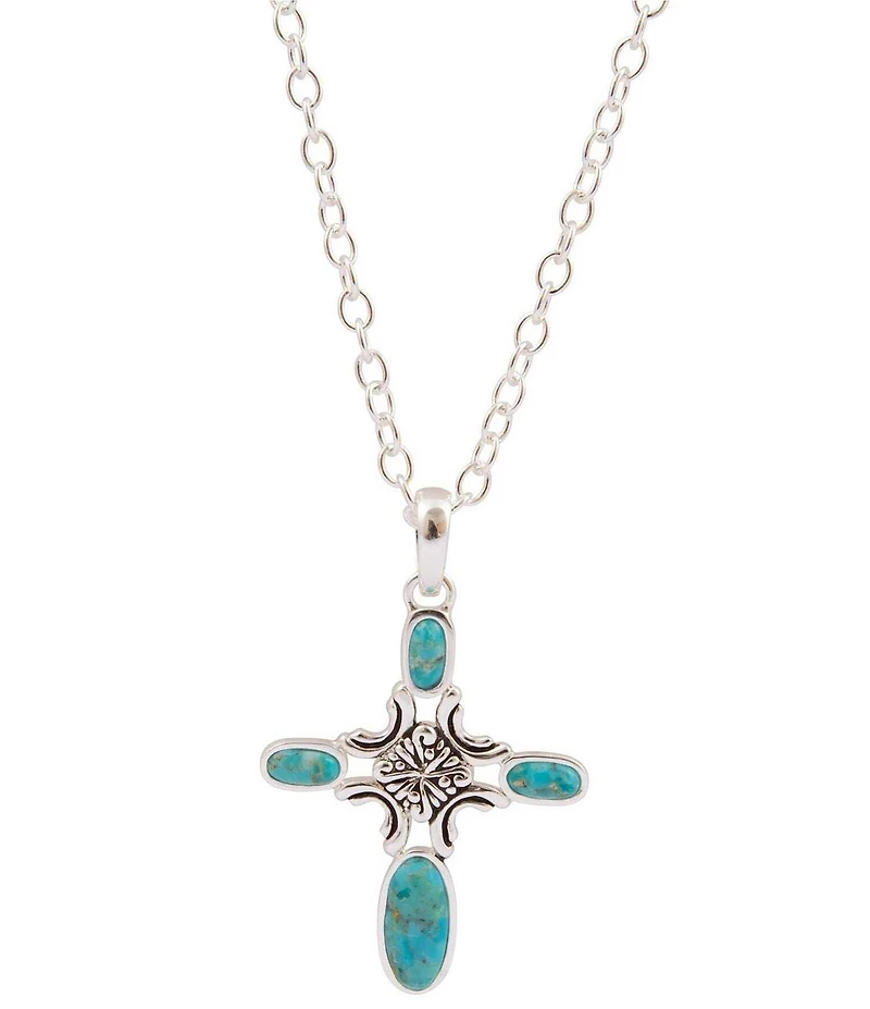 Barse Scroll Cross Silver And Genuine Turquoise Long Pendant Necklace