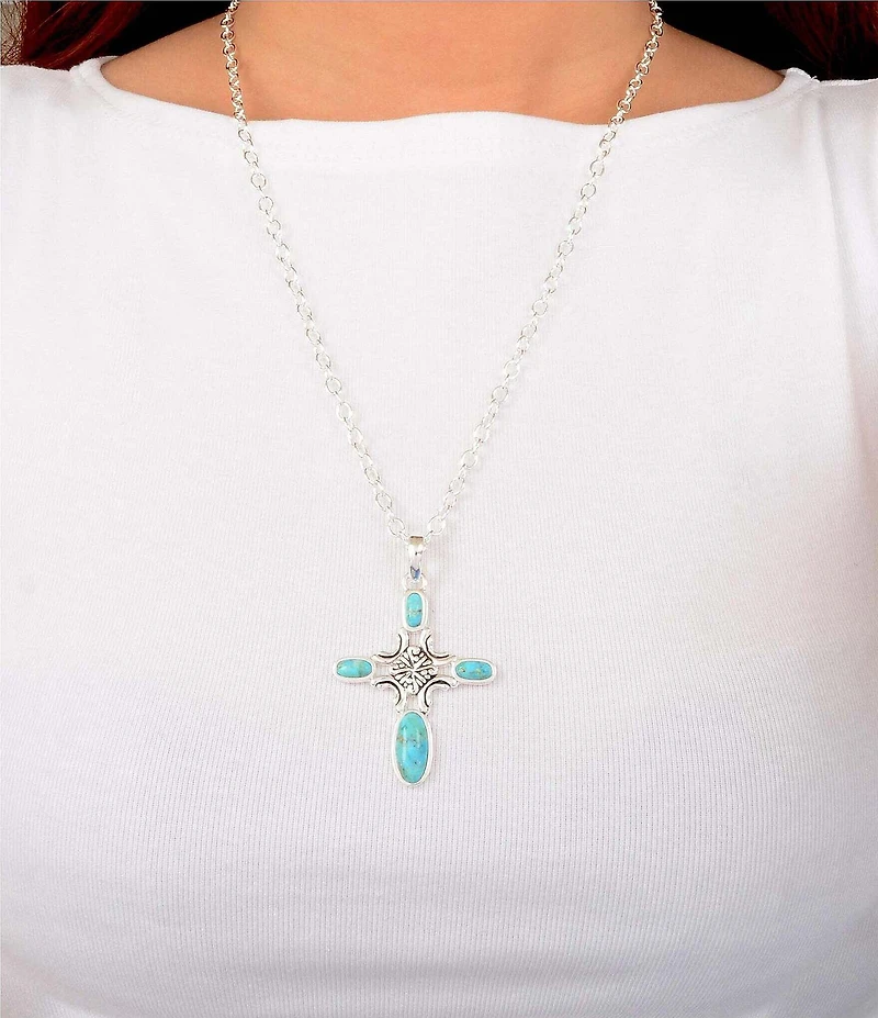 Barse Scroll Cross Silver And Genuine Turquoise Long Pendant Necklace