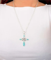 Barse Scroll Cross Silver And Genuine Turquoise Long Pendant Necklace